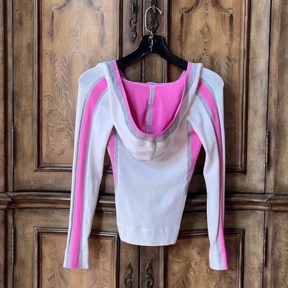 Bebe SPORT NWT White Pink Silver V-Neck Hoodie Long Sleeve Stretch Top Sz S - Picture 6 of 17